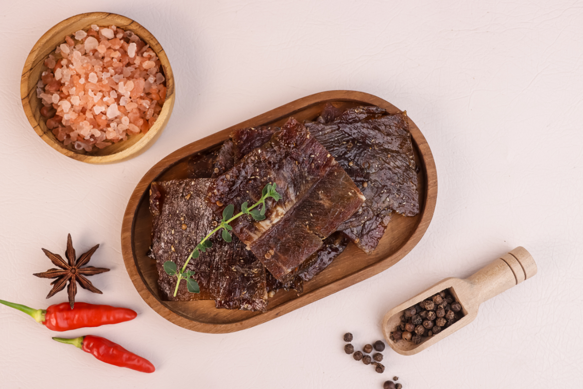 Beef jerky with spices.