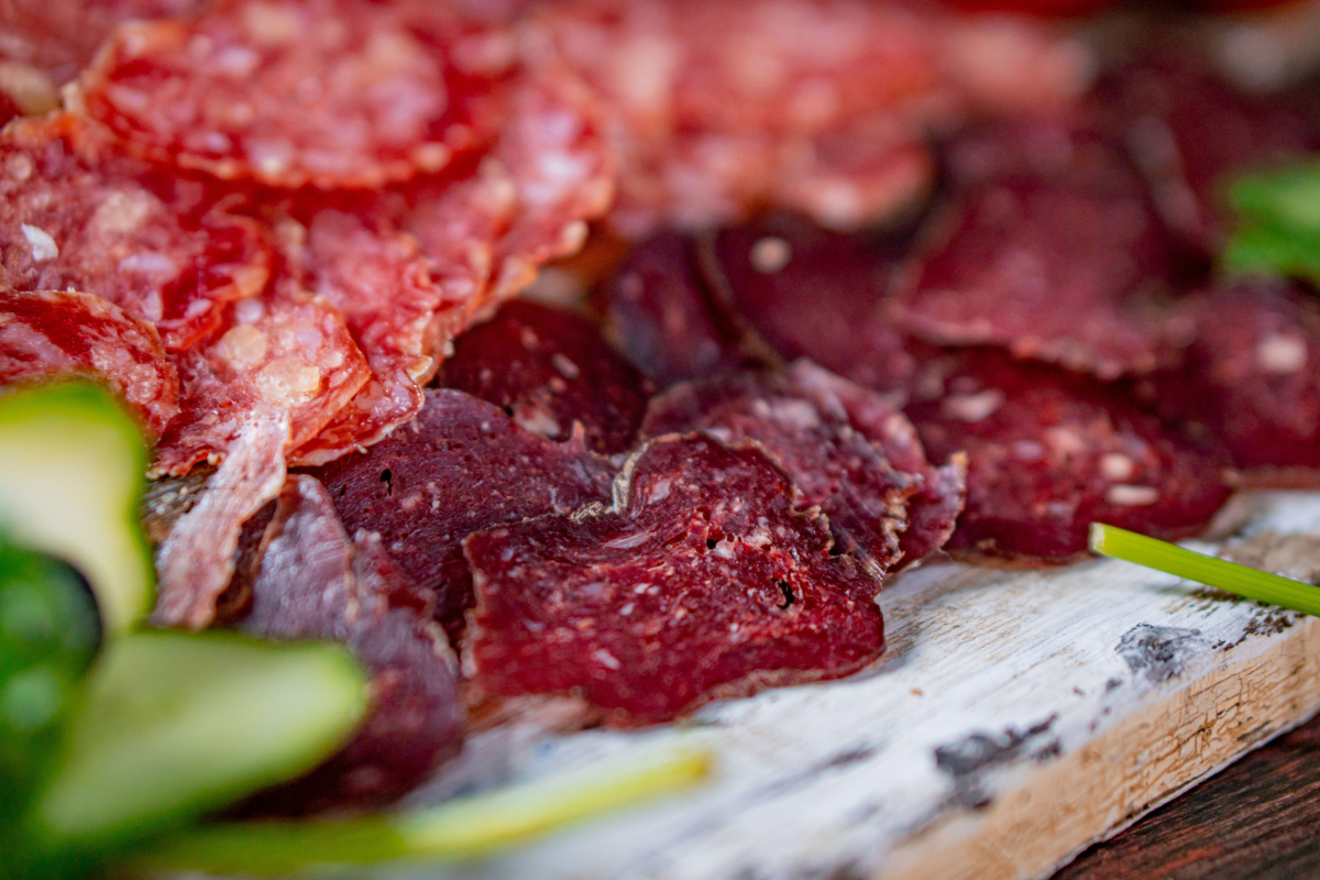 A display of sliced beef jerky.