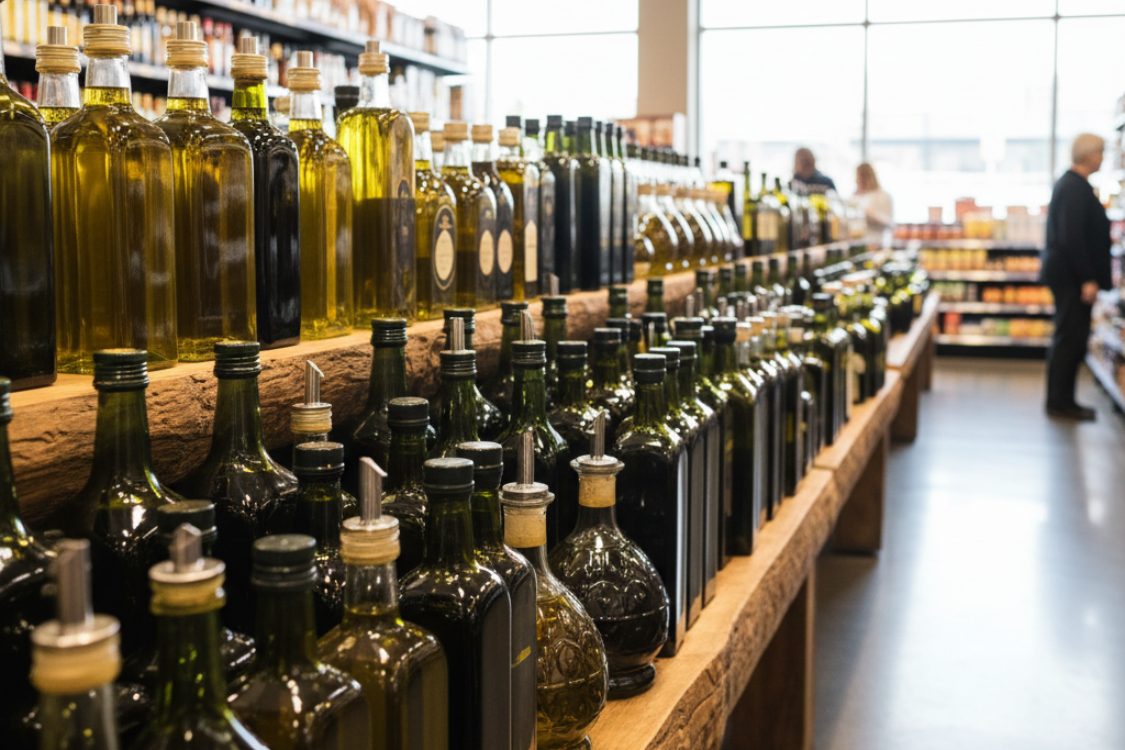 Rows of dark glass bottles containing extra virgin olive oil on a supermarket shelf, illustrating the importance of choosing quality EVOO for intermittent fasting.