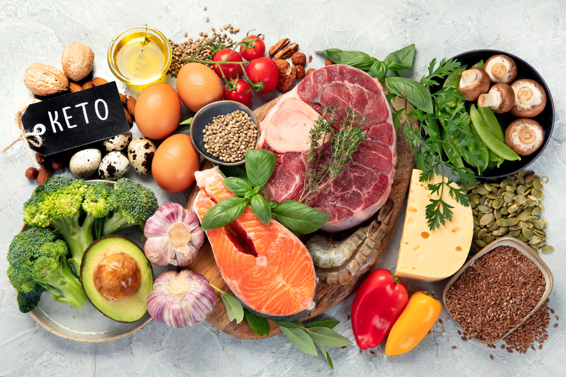 Assortment of keto-friendly foods like salmon, meat, eggs, avocado, cheese, and low-carb vegetables
