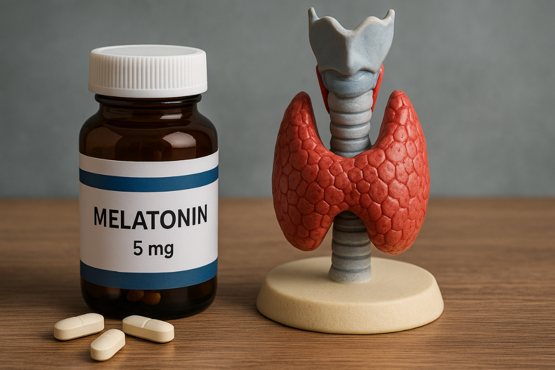 Bottle of melatonin supplement next to thyroid gland model on a table
