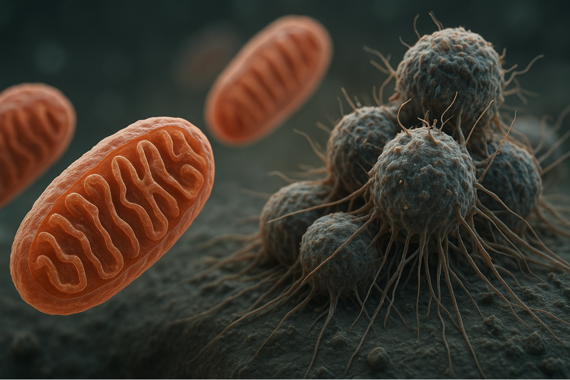 3D illustration of mitochondria near cancer cells showing interaction and oxidative stress in tumor microenvironment.