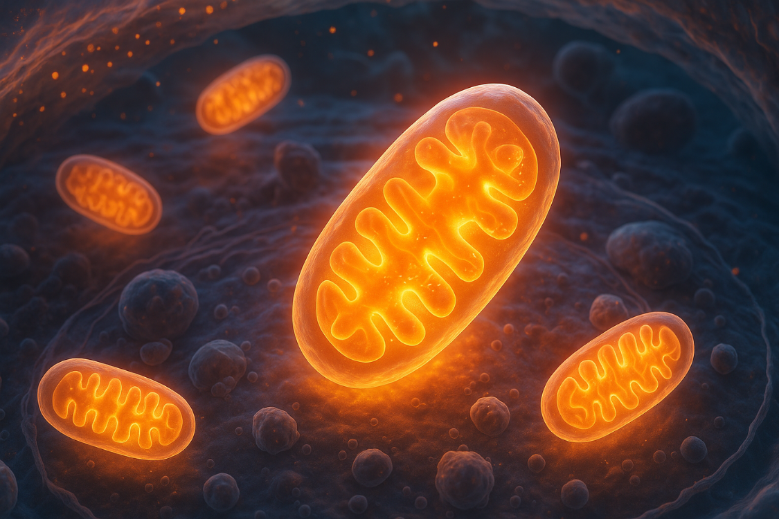 3D illustration of healthy mitochondria glowing inside a human cell to represent boosted mitochondrial energy production