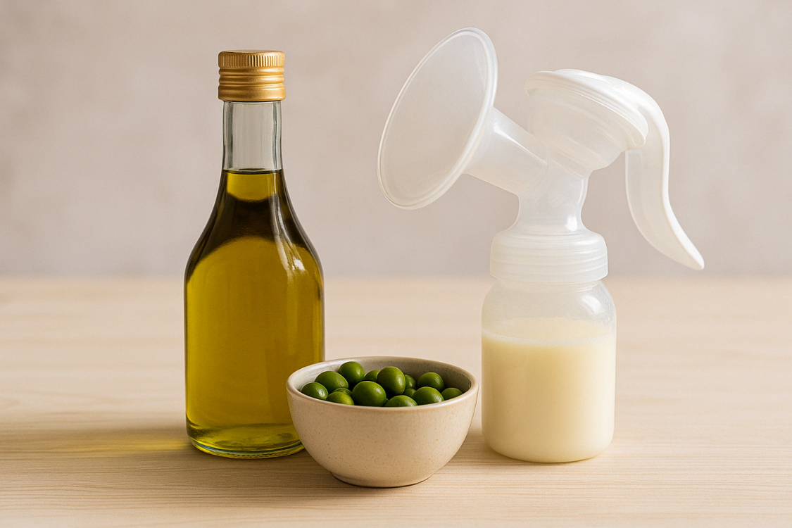 A glass bottle of olive oil stands next to a manual breast pump filled with milk on a light wooden surface, with a small bowl of green olives placed in front.