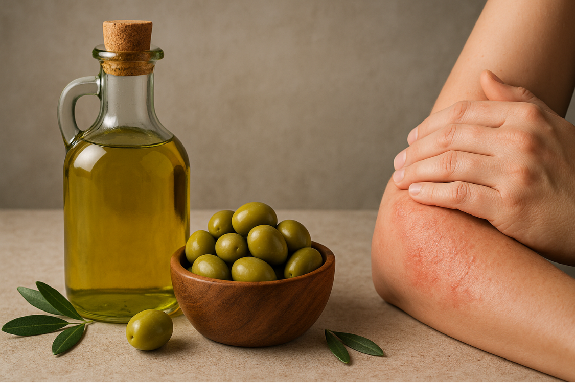 Hand resting on a red, irritated eczema patch on the elbow beside a bottle of olive oil and a bowl of green olives