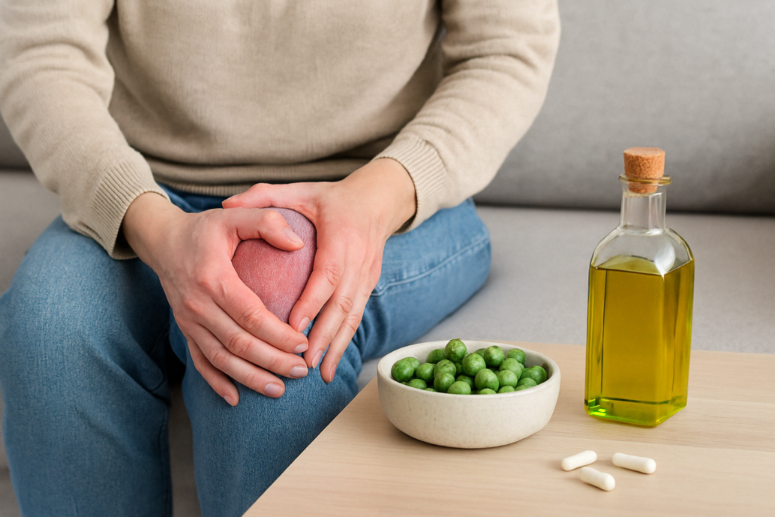 A person sitting on a sofa pressing a red, inflamed knee, with a glass bottle of olive oil placed on a wooden coffee table nearby