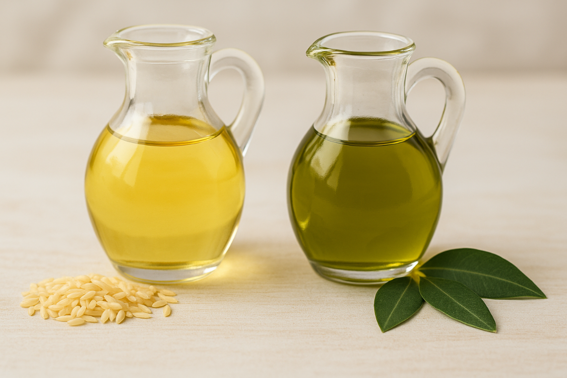 Two glass pitchers containing rice bran oil and olive oil side by side