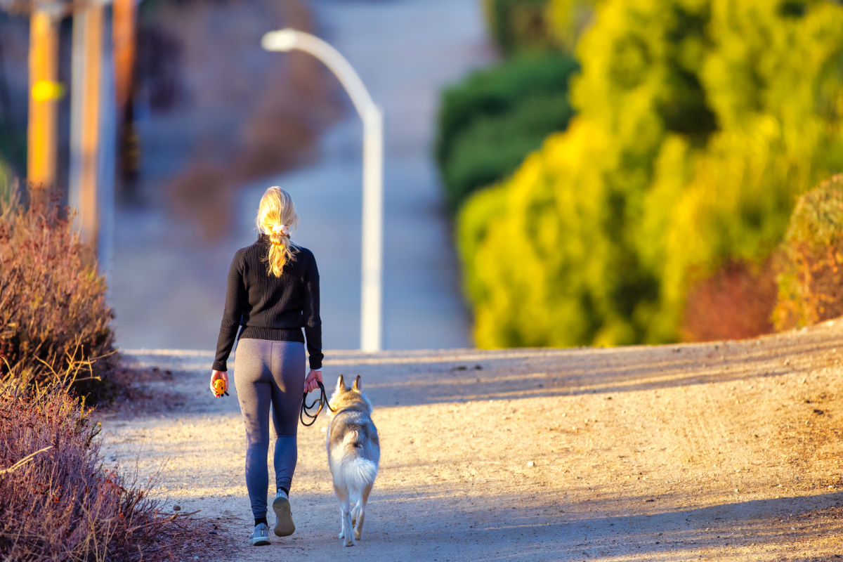 Woman and her dog walking in a park.