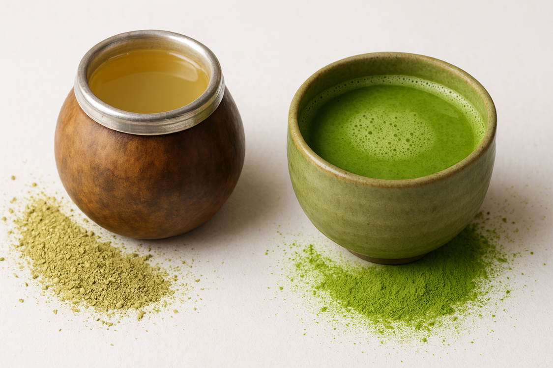 Yerba mate and matcha teas side by side with loose powder on a clean white background