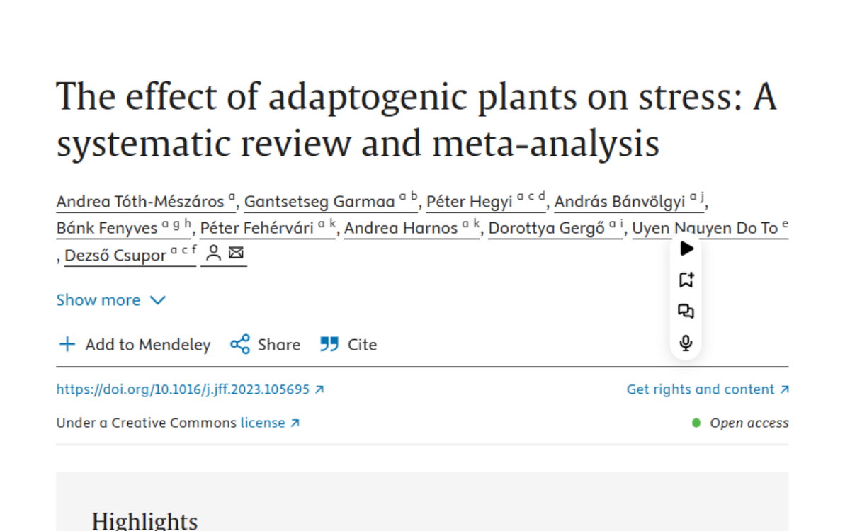 The title of the research paper is 'The effect of adaptogenic plants on stress: A systematic review and meta-analysis'. The authors are listed below the title, followed by options to add to Mendeley, share, and cite. A DOI link and license information are
