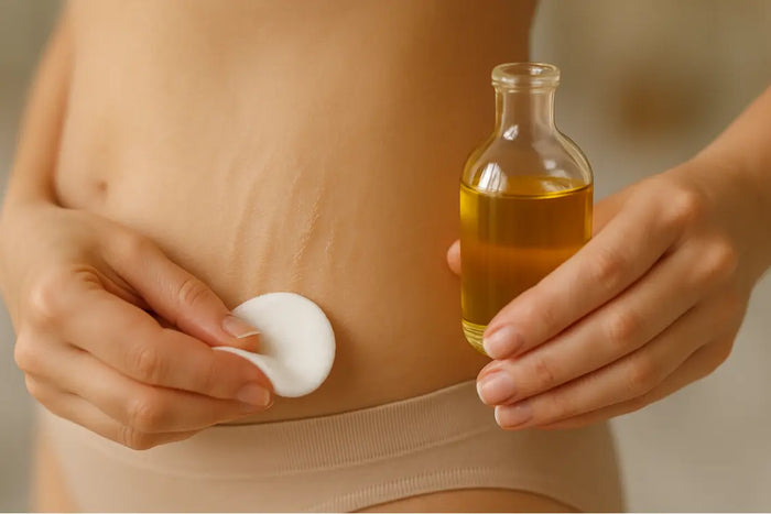 Woman massaging olive oil onto her belly to moisturize stretch marks