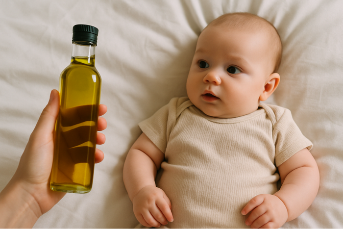 Baby looking curiously at a bottle of olive oil on a bed