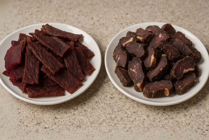 Two plates side by side showing sliced beef jerky and biltong on a countertop.