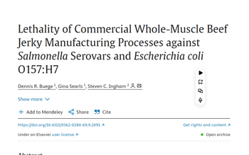 The title of a research paper is 'Lethality of Commercial Whole-Muscle Beef Jerky Manufacturing Processes against Salmonella Serovars and Escherichia coli O157:H7'. 