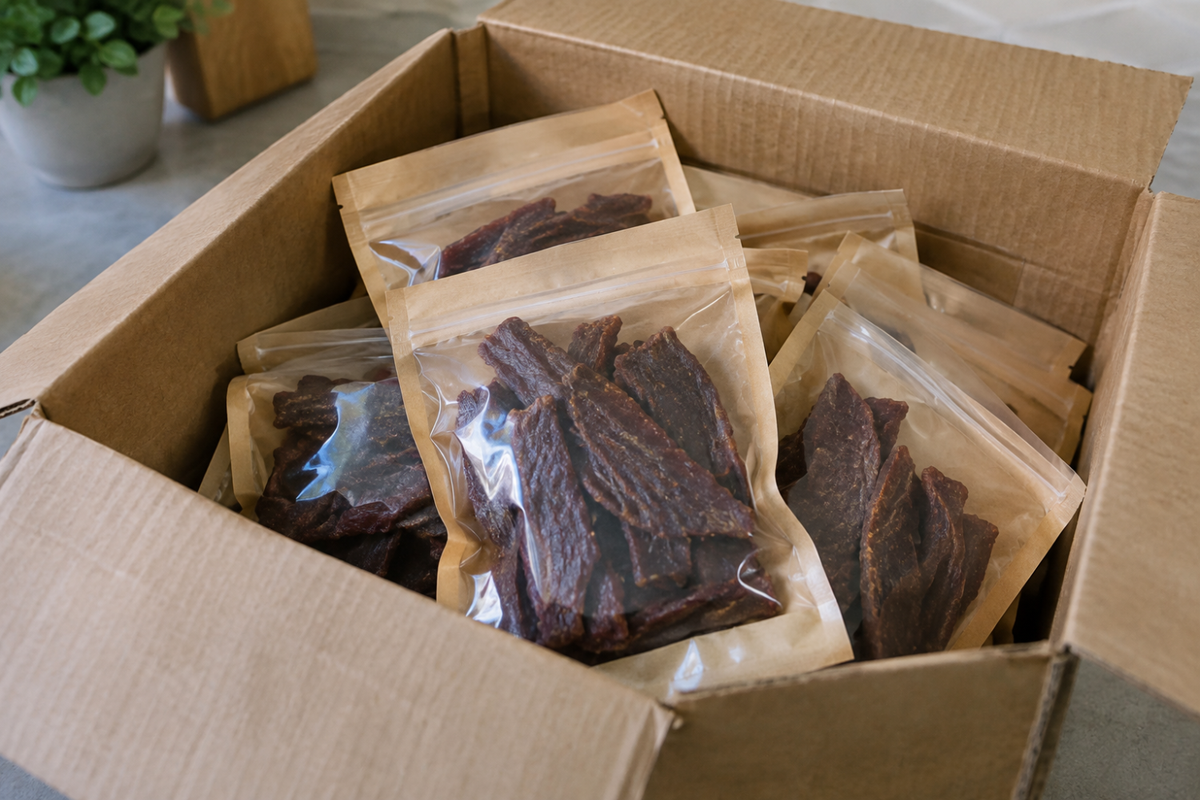 Box of sealed beef jerky pouches