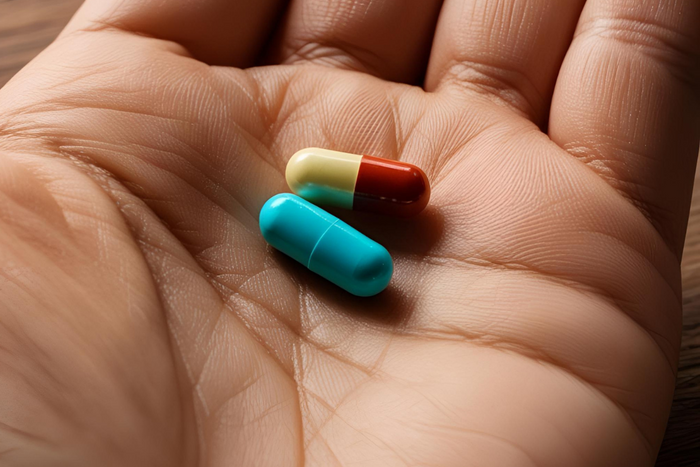 Close-up of a hand holding two capsules representing Benadryl and melatonin dosage