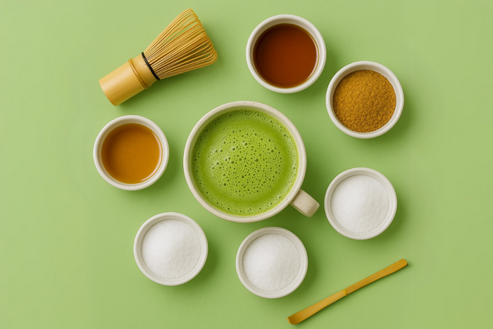 A flat lay of matcha latte surrounded by various sweeteners including honey, maple syrup, coconut sugar, and monk fruit