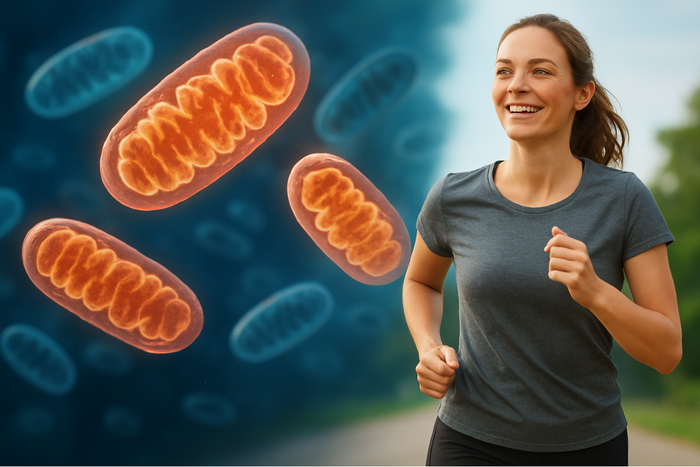 Woman running with visual representation of mitochondria, symbolizing improved energy production