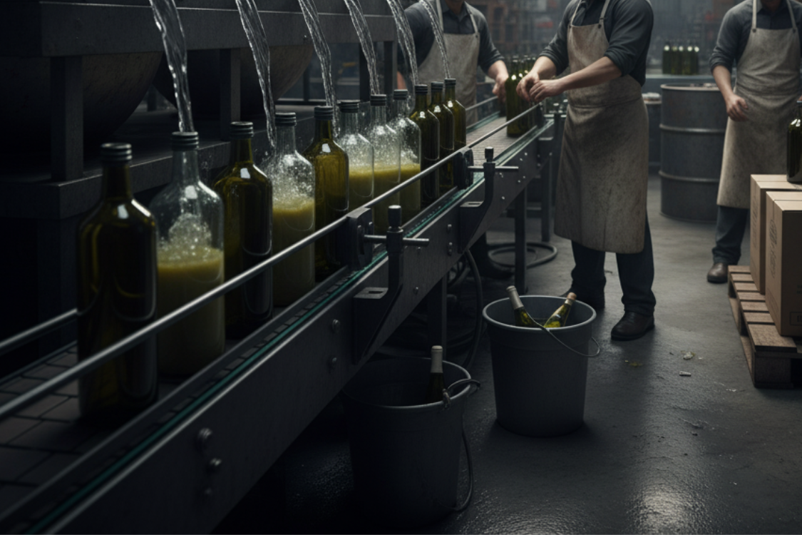 Workers in aprons on a dark factory floor supervising a conveyor belt where bottles are being filled with oil, showing the commercial production process often targeted by olive oil fraud.