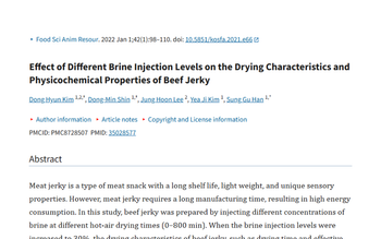 Screenshot of a journal article page titled “Effect of Different Brine Injection Levels on the Drying Characteristics and Physiochemical Properties of Beef Jerky,” showing authors, abstract text, and PMCID/DOI details.