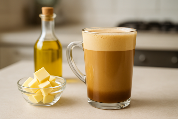 A frothy cup of bulletproof coffee beside olive oil and cubes of butter