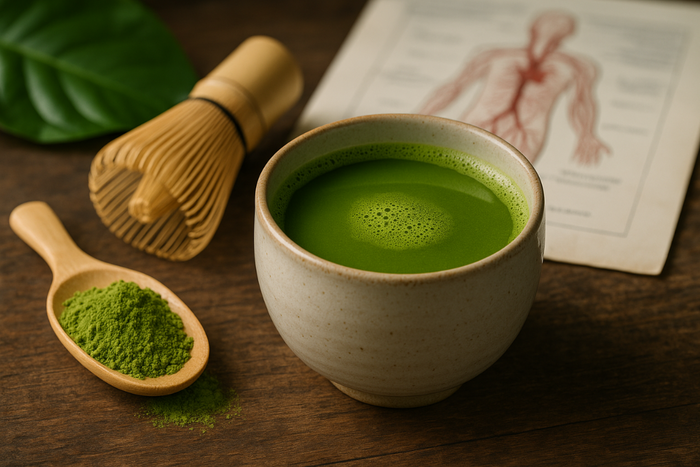 Ceremonial matcha tea in a cup with matcha powder and bamboo whisk on table