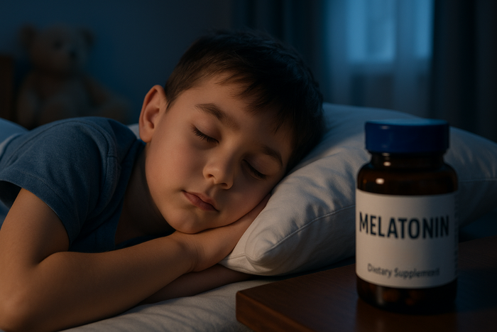 Young boy with autism sleeping peacefully next to a bottle of melatonin dietary supplement