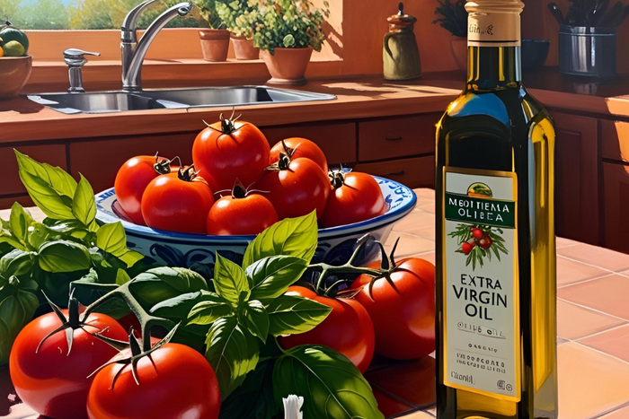 A Mediterranean-style kitchen scene with fresh ingredients and a bottle of extra virgin olive oil.