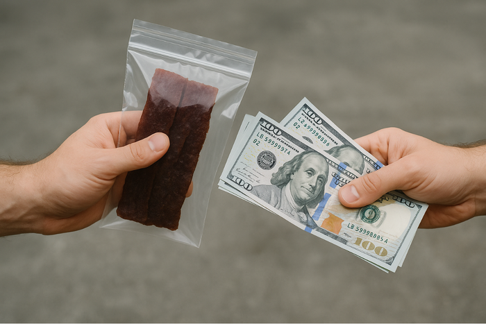 Hand trading beef jerky for cash, illustrating high jerky cost.