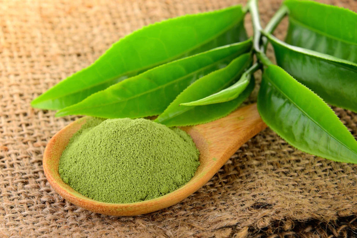 Matcha powder and leaves.