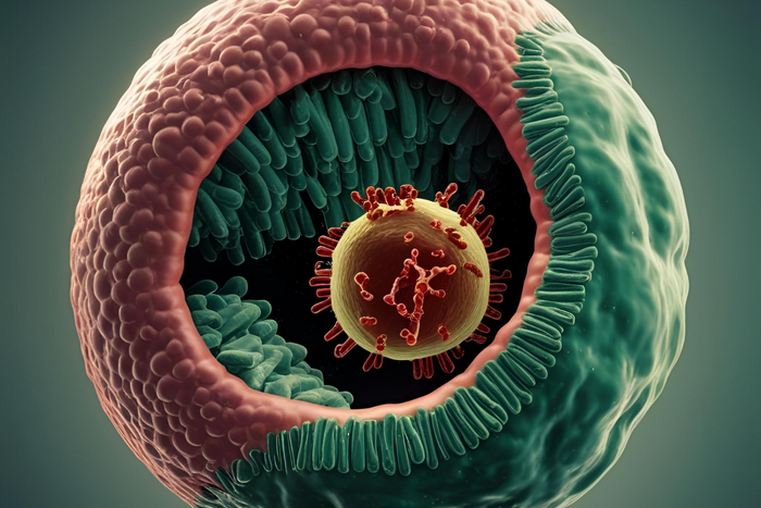 An image depicting a ancient prokaryotic cell engulfing a smaller bacterium.