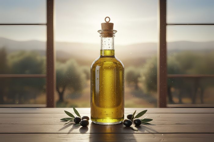 A glass bottle of extra virgin olive oil on a wooden table with olives, symbolizing the tradition of drinking olive oil in the morning.