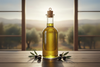 A glass bottle of extra virgin olive oil on a wooden table with olives, symbolizing the tradition of drinking olive oil in the morning.
