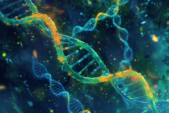 Illustration of a glowing molecular structure.