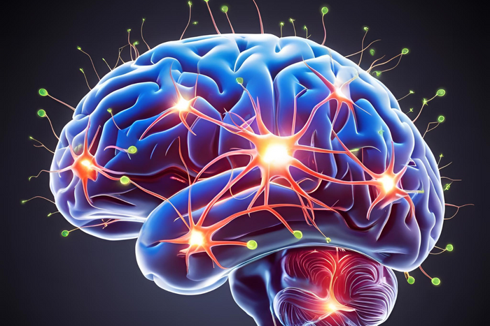 Brain with glowing pathways.