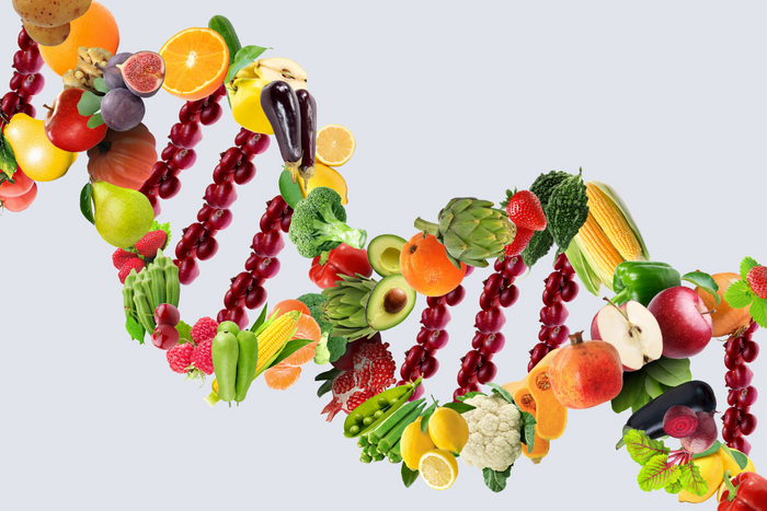 Colorful foods like vegetables, fruits, and herbs forming the shape of a human DNA strand.