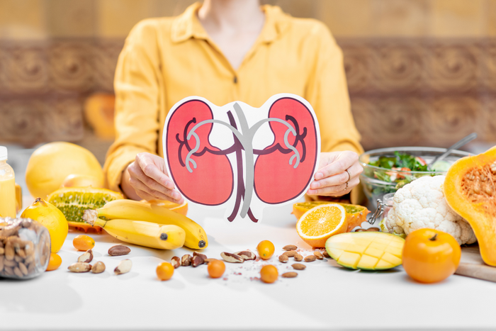 A person holding kidney illustration surrounded by high-potassium and phosphorus foods