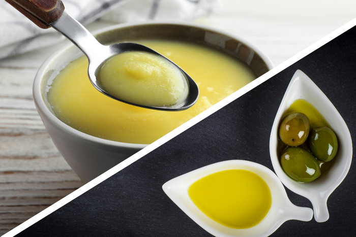 Split image showing a spoonful of ghee in a bowl and olive oil with green olives in white dishes