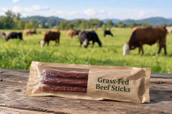 Pack of grass-fed beef sticks on a farm table with grazing cattle in the background.