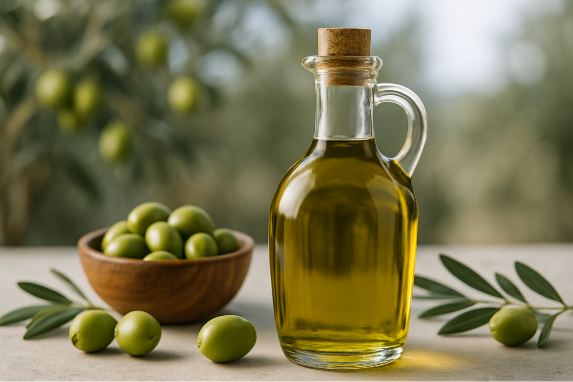 Fresh extra virgin olive oil in a glass bottle with green olives and olive leaves