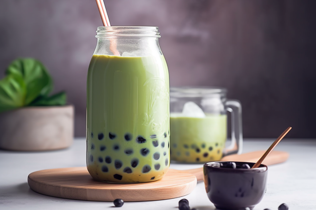 Matcha green tea bubble tea in a glass jar with tapioca pearls, ice, and a straw, served with extra boba on the side.