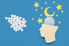 Melatonin pills beside a head silhouette, clock, moon, and stars, representing how long melatonin lasts in the body and whether it works all night or just helps with falling asleep.