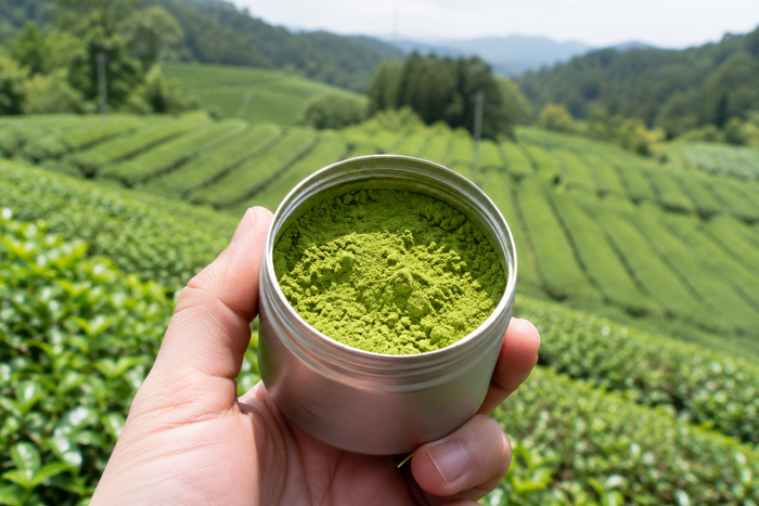 Tin of fresh matcha powder held in front of a Japanese tea field, representing how matcha is made from shaded leaves to fine powder.
