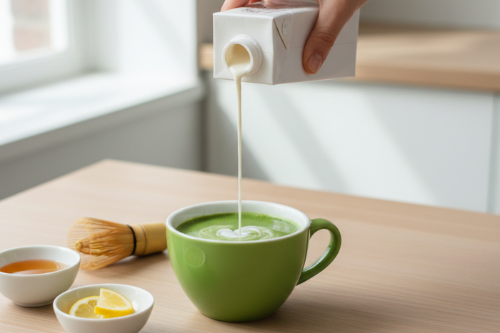 Featured image of a smooth matcha latte with oat milk, honey, and lemon on a light table, showing how to make matcha taste good with simple fixes.