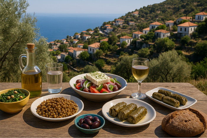 Traditional Ikarian lunch featuring lentils, olives, Greek salad, grape leaves, and olive oil with a sea view