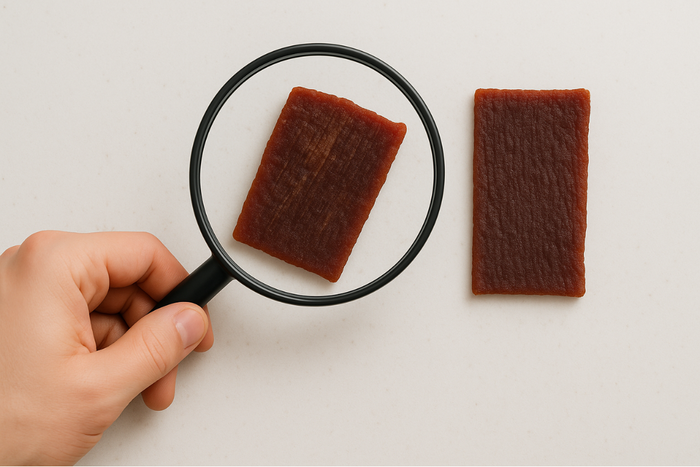 Close-up of processed beef jerky slice under magnifying glass
