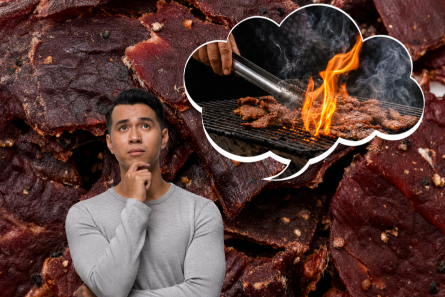 Person surrounded by beef jerky thinking of grilled meat
