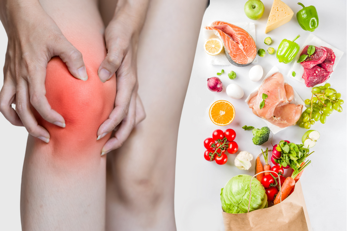 Person holding swollen knee next to healthy foods like salmon, fruits, and vegetables for rheumatoid arthritis relief
