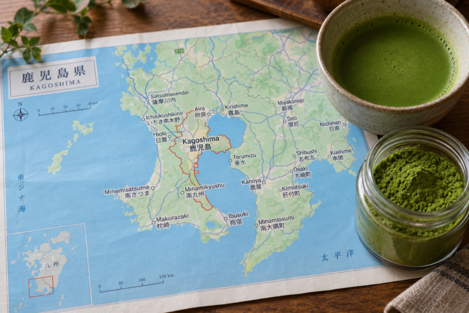 Bowl and jar of green Kagoshima matcha beside a map of Kagoshima, Japan.