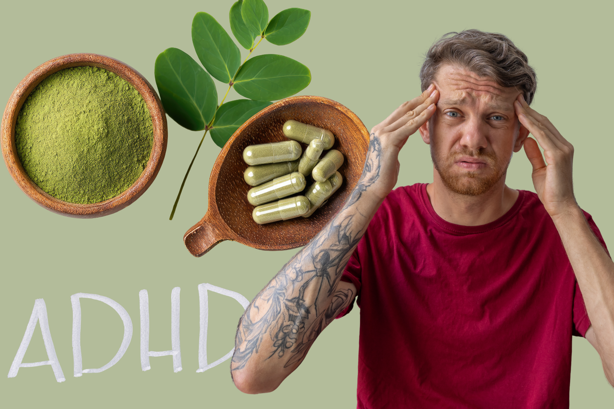 A person with ADHD beside a green tea capsule, green tea leaf, and matcha powder